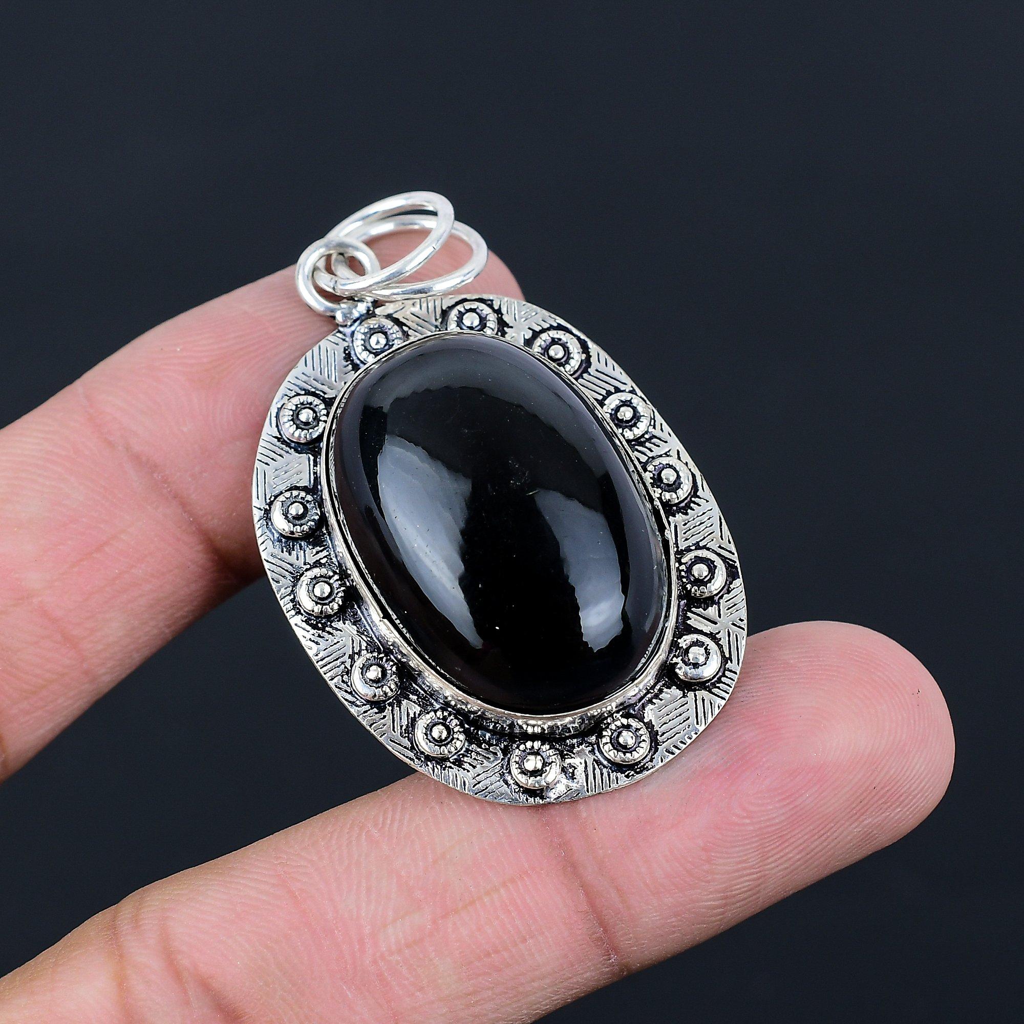 Root Chakra Oval Natural Black Onyx Artisan Bezel Pendant 925 Sterling Silver