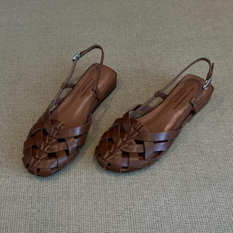 

Fashion Retro Woven Hollow Flat Sandals 2025 New Round Toe Back Strap Buckle Designer Shoes Comfort Beach Casual Shoes Ladies Sandalias 39 коричневый