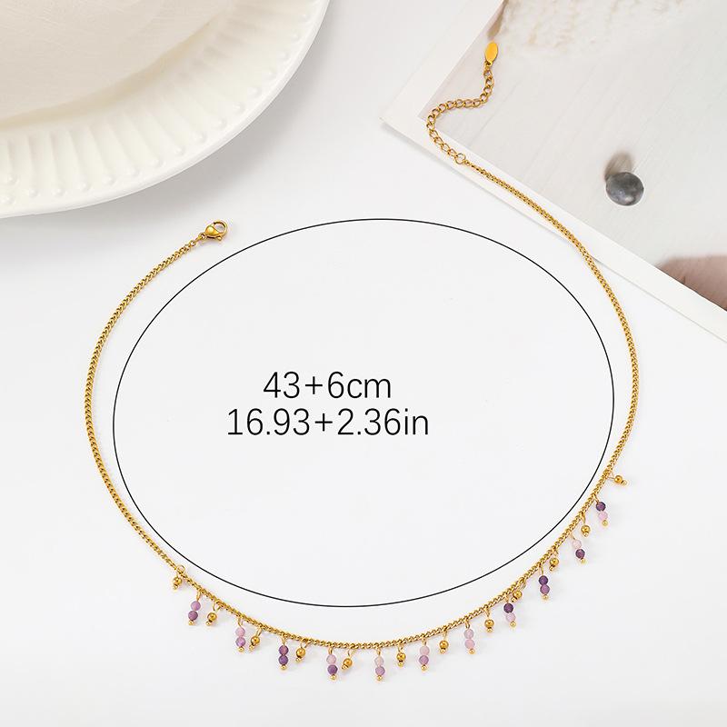 Stainless steel natural stone necklace French light luxury purple stone beaded pendant neck decoration