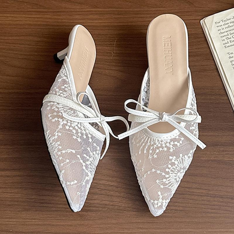 Fashion Bow Women Slippers Pointed Toe Fashion Mules Shoes Elegant Sexy Woman Sandals 2025 Summer Slingback Pumps Luxury Zapatos Mujer