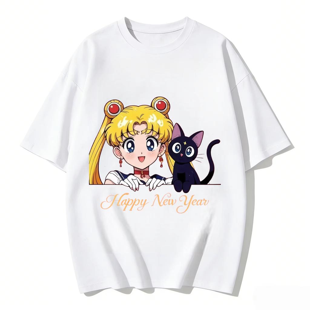 Hot New 2026 Hot Sailor Moon Happy New Year T-shirt Unisex Harajuku Hip Hop Punk T-shirt Y2K Gothic Cotton Oversized T-shirts