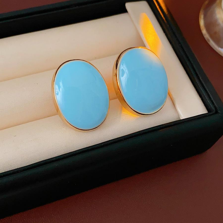 Pink Blue Oil-Dropping Round Oval Stud Earrings Unique Design Bean Beads Ear Studs Earrings Temperament Girl Ear Accessories