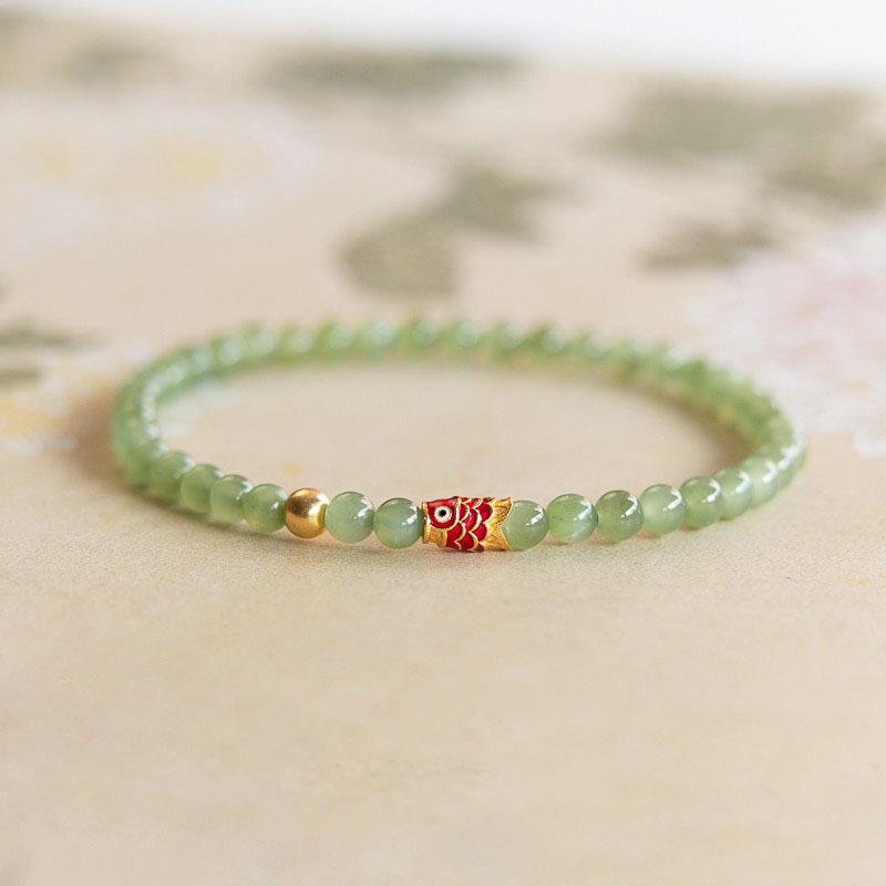 Rainbow Tourmaline and Imitation Hetian Jade Koi Fish Bracelet - Zodiac-Inspired Niche Design