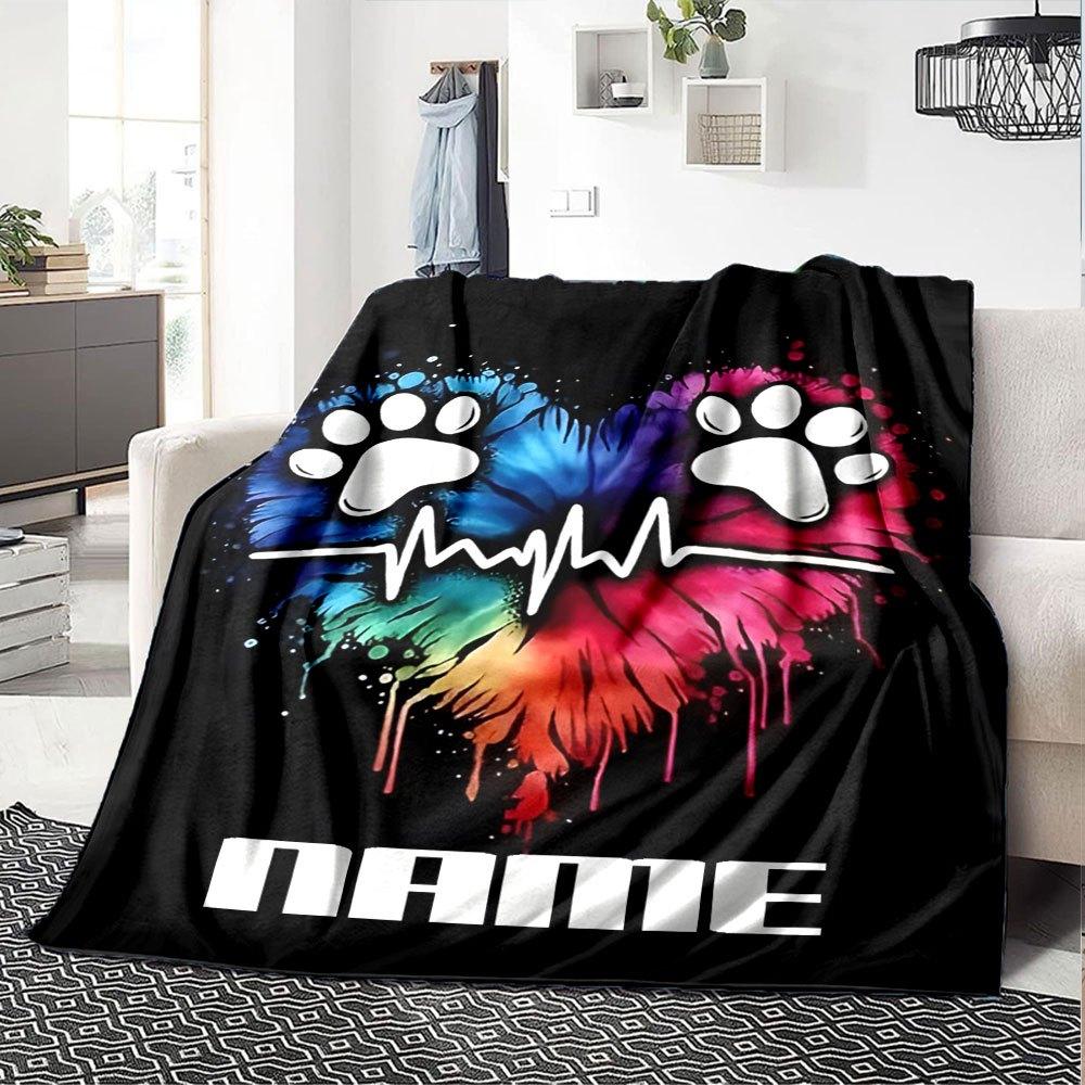 Heartbeat Of Love With Paw Prints Gift Personalized Blanket Customize Your Name Soft Warm Cozy Perfect For Sofa Couch Office Bed Picnics Four Seasons