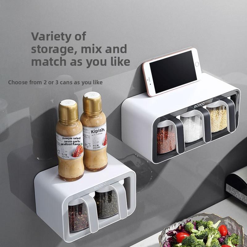 Wall-Mounted Seasoning Box Kitchen Spice Storage Set with Spoon for Household Use