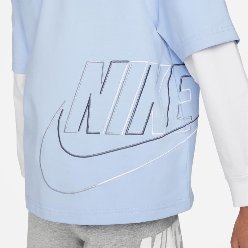 Nike Kids Logo Patchwork Fake Two-Piece Round Neck Long Sleeve T-Shirt Kids Tops Light-Blue FN9194-479