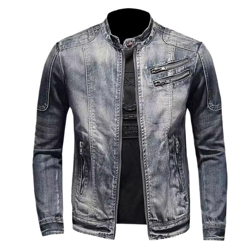 Venom Men's Retro Denim Jacket - Large Size Stand Collar Zipper for Casual Cycling & Motorcycle Wear