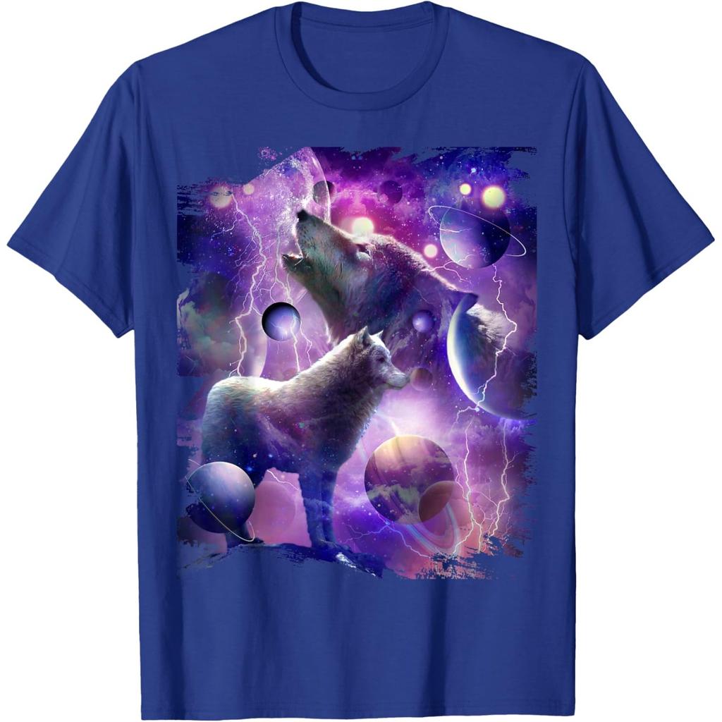 Cosmic Wolf Howling Graphic Tee Men Casual Round Neck Breathable Cotton Print Tshirt