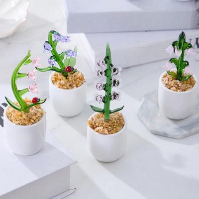 Hand Blown Mini Glass Flower Figurine Faux Crystal Small Lily of The Valley Flower with Pot for Wedding Mother's Day Office Home Table Centerpiece