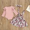 Toddler Long Sleeve Romper+Floral Print Suspender Skirts Outfits