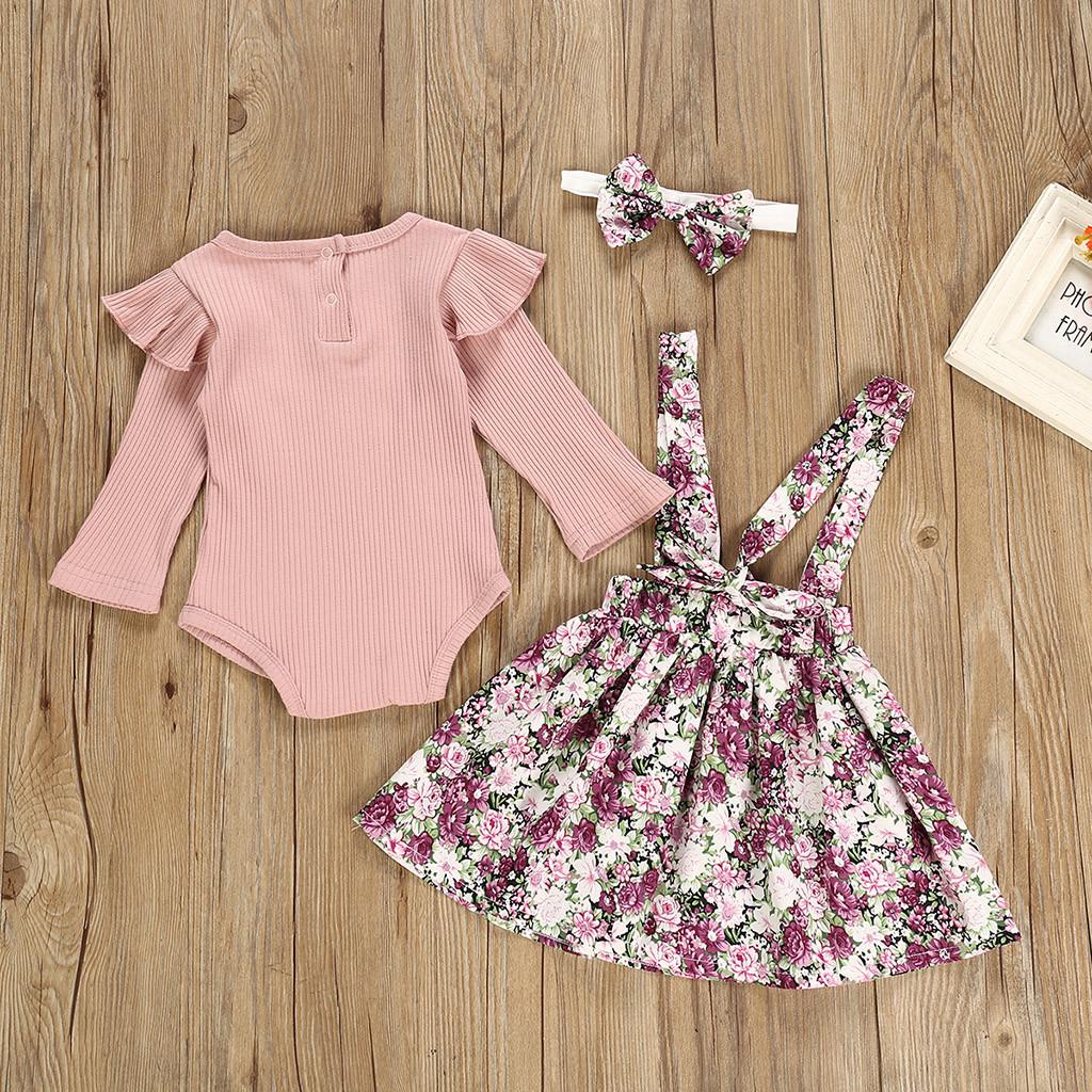 Toddler Long Sleeve Romper+Floral Print Suspender Skirts Outfits