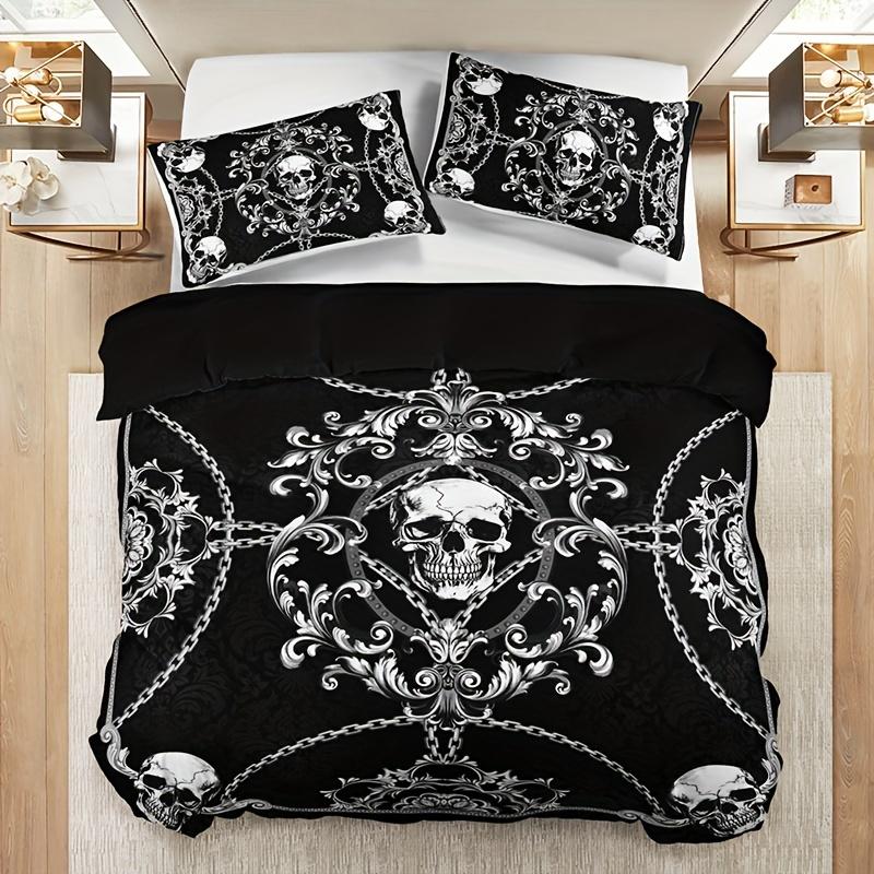 3pcs Black Bedding Set Gothic Style Skull Chain Printed Cozy Soft Duvet Cover King Queen Twin Size Birthday Gift Bedroom Decor