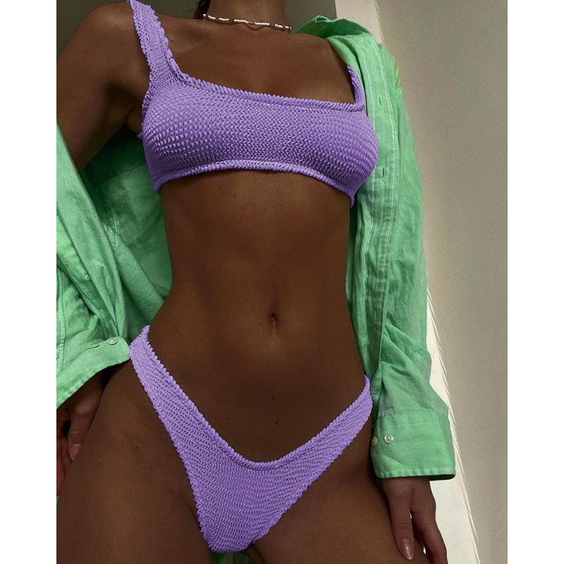 Women's solid color specialty fabric ruffled fabric bikini macaron color two-piece swimsuit