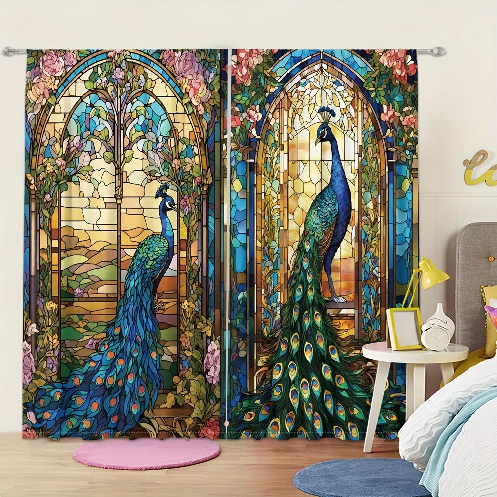 Peacock Floral Print Curtains Pocket Rod Top Fade Resistant Polyester Living Room Kitchen Bedroom Study Dining Made Of Decor