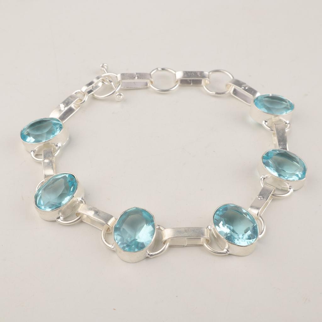 Sky Blue Topaz Gemstone 925 Sterling Silver Jewelry Handmade Bracelet9" For Gift RB-6-16