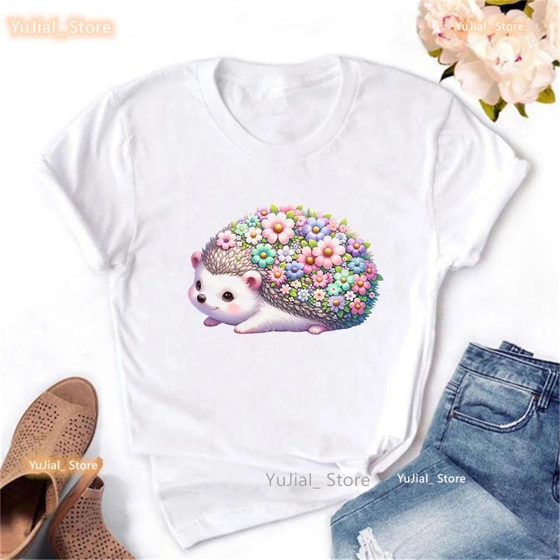 Kawaii Hedgehog Printed T Shirt Girls Summer Fashion Tops Tee Shirt Femme Funny White Tshirt Unisex Harajuku Shirt