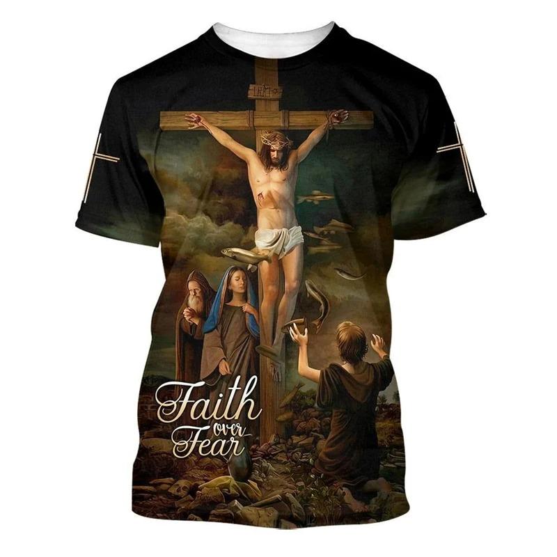3D Jesus Cross Graphic Printed Men's T-Shirt Fashion Christian Religion Harajuku Y2K T Shirt Unisex Short Sleeve Oversized Tees