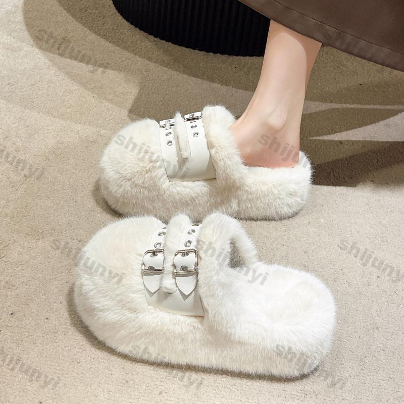 Fashion Women's Thick Sole Comfortable Fluffy Plush Cotton Padded Shoes Female Winter Plush Non Slip Warm Belt Buckle Cotton Slippers