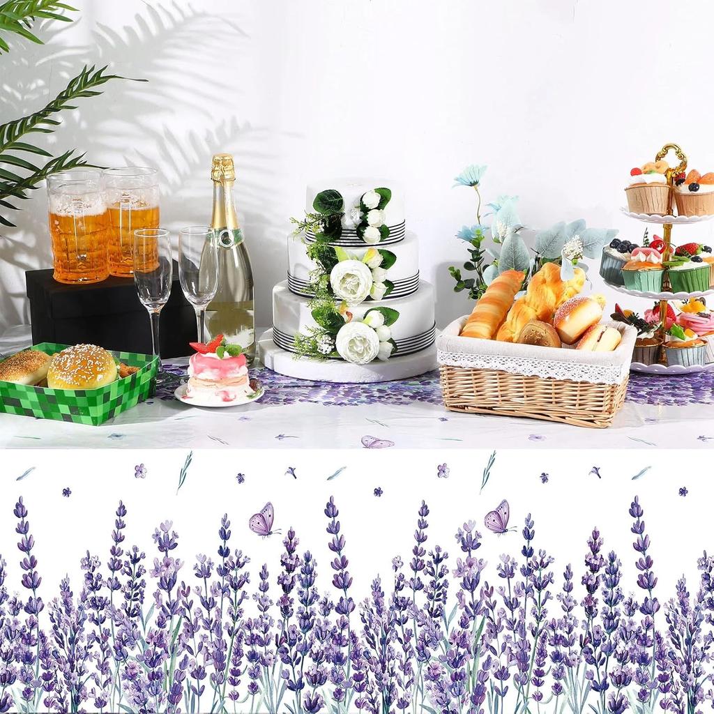 Peryiter 3 Pcs Spring Summer Floral Tablecloths Plastic Lavender Table Covers 54 x 108 Inch Watercolor Purple Floral Tablecloth for Spring Easter