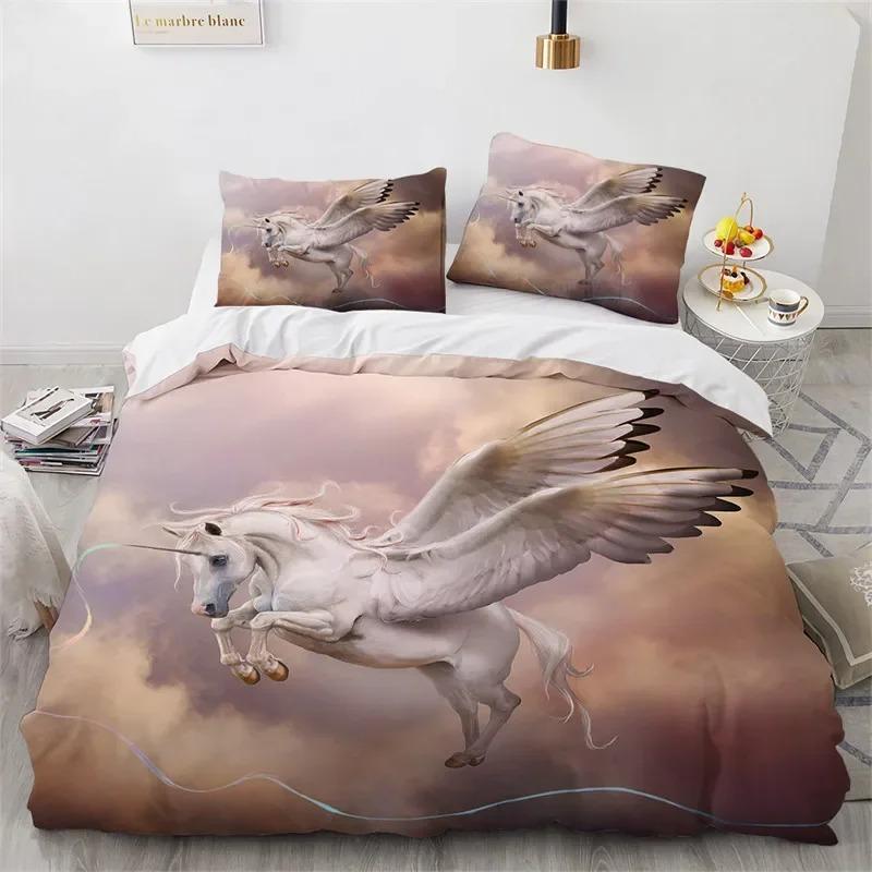 Cartoon Unicorn Duvet Cover Floral Bedding Set Microfiber Flying Horse Comforter Cover Full Queen For Boys Girls Bedroom Decor