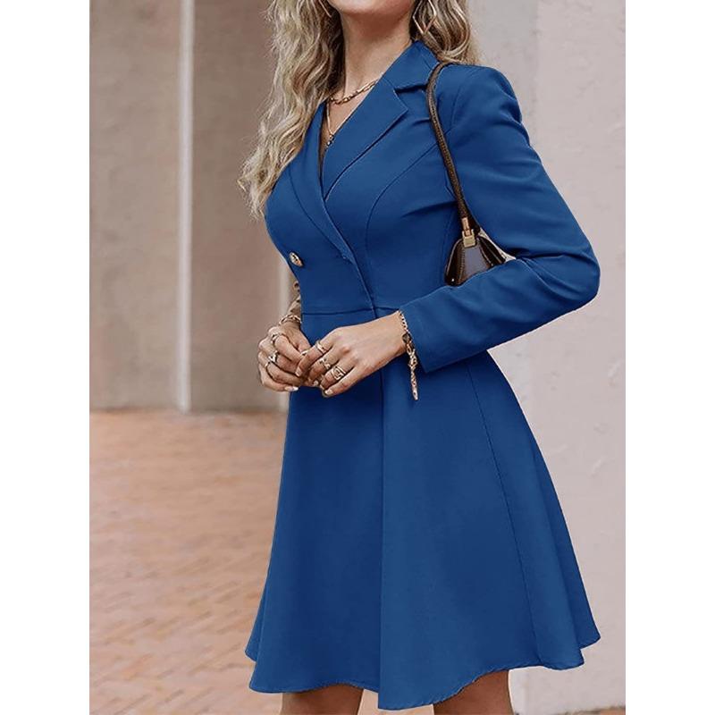 Spring and Autumn Women's Dress Solid Color Double Breasted Long