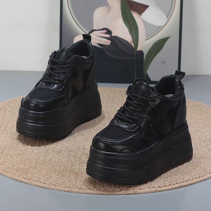 Fashion 10CM Air Mesh Genuine Leather Shoes Platform Wedge Skate Boarding High Brand Heels Casual Women Vulcanized Summer Shoes