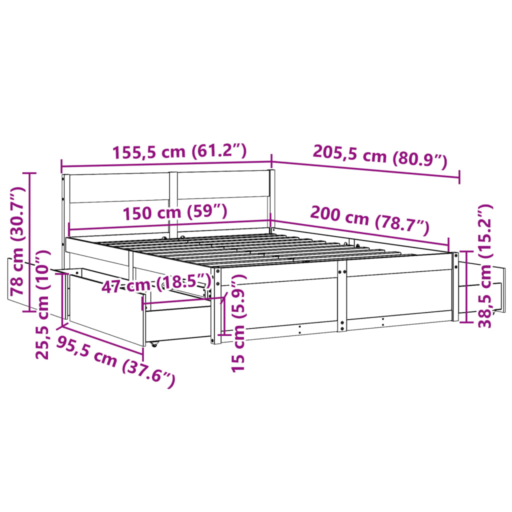 Solid Wood Bed Frame Without Mattress Wax Brown 150 X 200 Cm Pine Wood