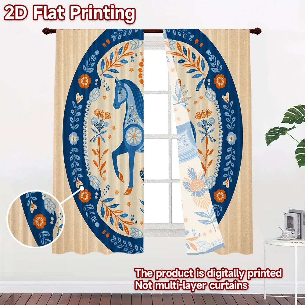 2D FLAT PRINTING 2pcs Curtains (Without Rod) Folk Art Blue Horse Modern Fashionable Curtains Semi-Sheer Curtains Eid Decorations