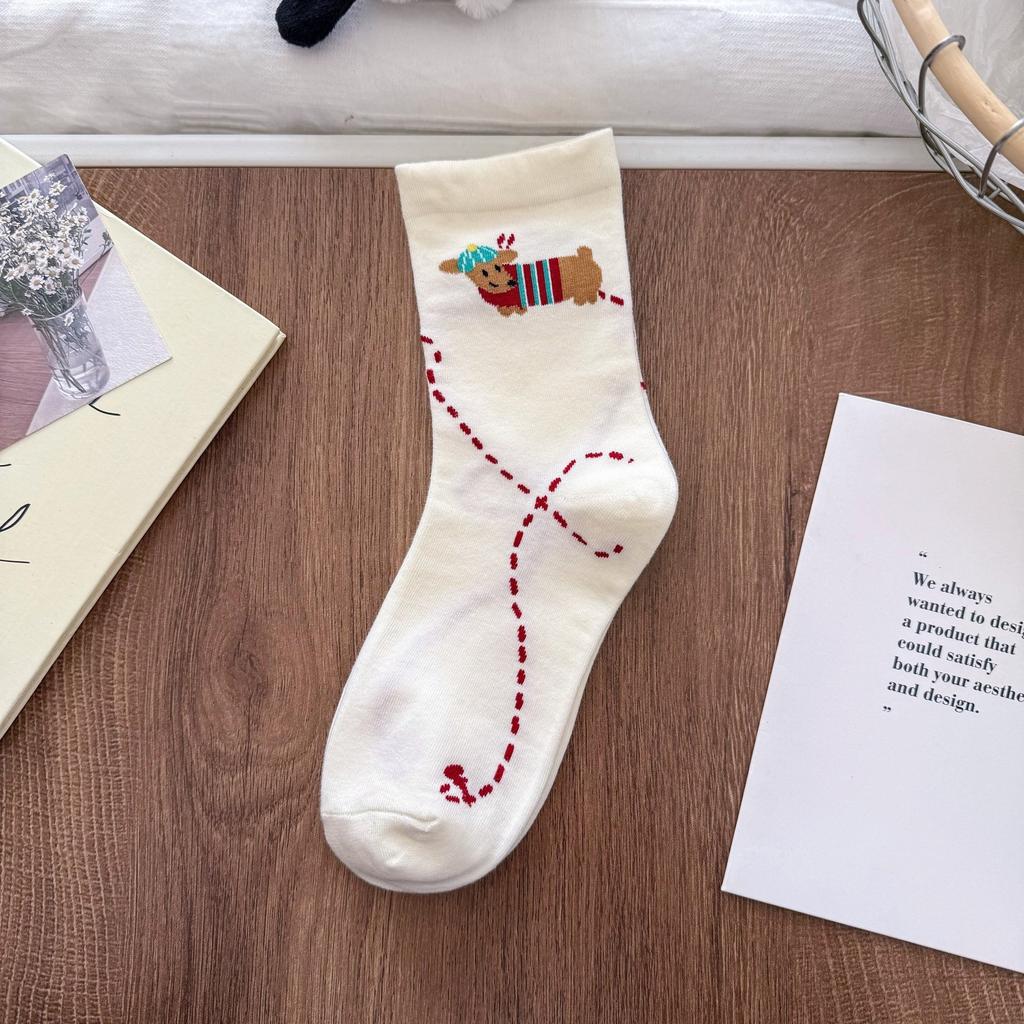 Illustration Puppy Socks Milk White Girls Sports Socks Korean Dachshund Dog Cream Cute Medium Tube Socks