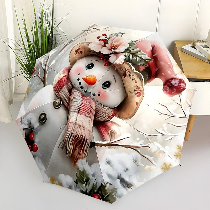 1pc Christmas Snowman Design Automatic Folding Umbrella, Portable 3-Fold Design with 8-Bone Iron Frame, Perfect for Fans, Travelers, Daily Use, Festiv