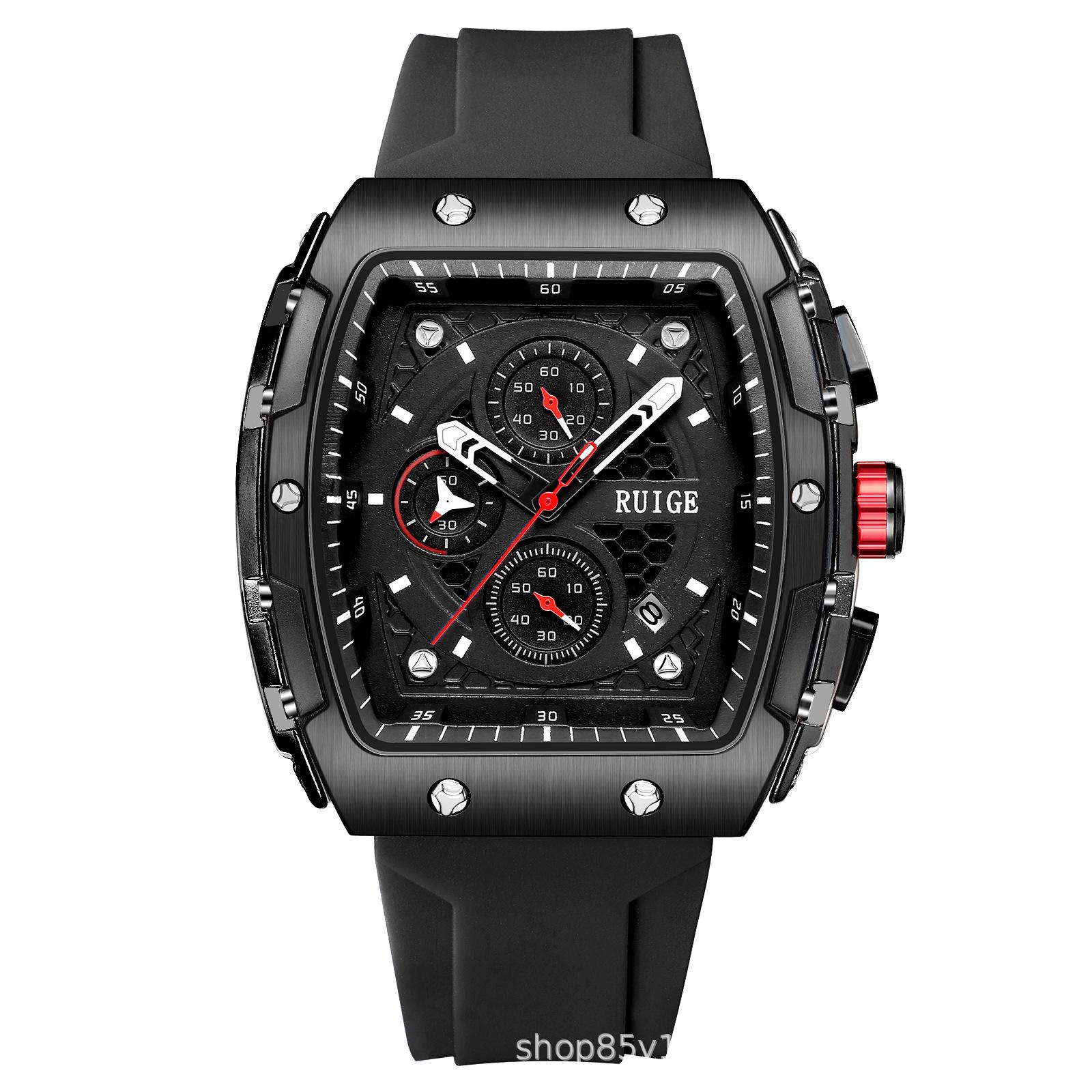 

Мужские наручные часы Ruige для активного отдыха - Многофункциональные, с полым трендовым дизайном бочкообразной формы чёрный