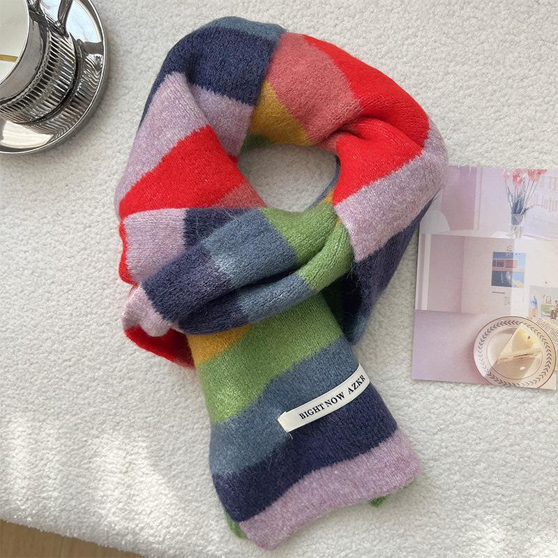 

Apple Green Color Scarf for Women Autumn and Winter Color Block Striped Warm and Versatile Scarf 148*19CM