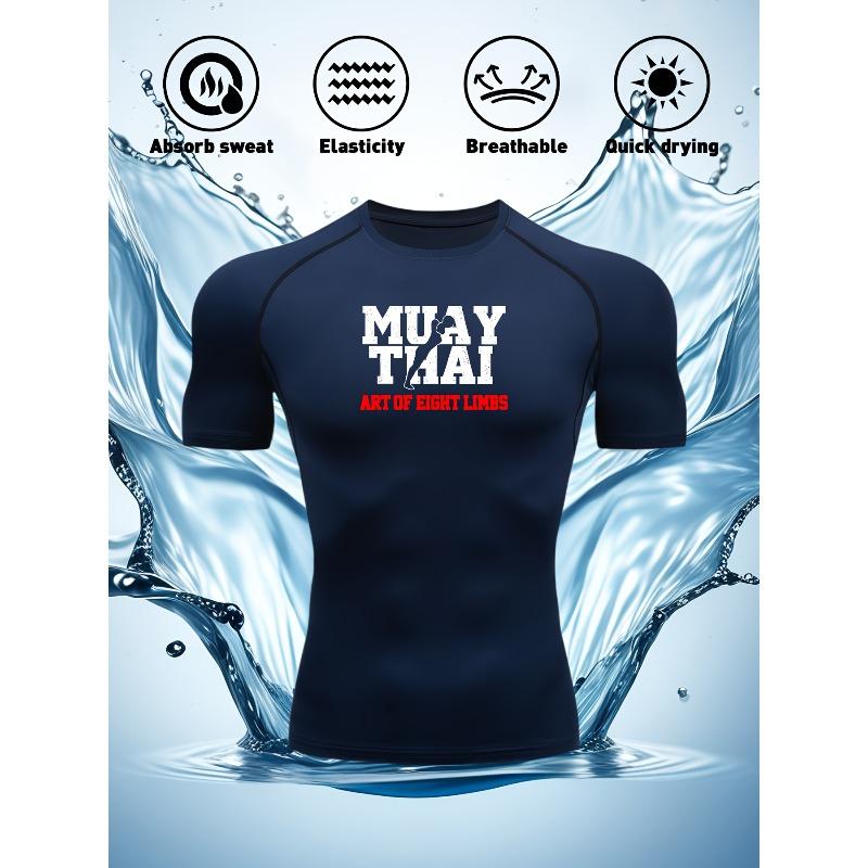 Men's Navy Blue Compression T-Shirt with "MUAY THAI Art of Eight Limbs" Print, Elastic Quick Drying Breathable Muay Thai & MMA Training Top