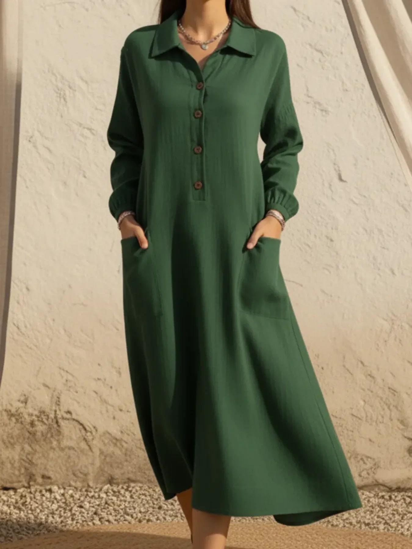 

2026 Fashionable Women s Long Sleeve Cotton Linen A-line Dress - Solid Color, Street Style 5X-Large светло-синий