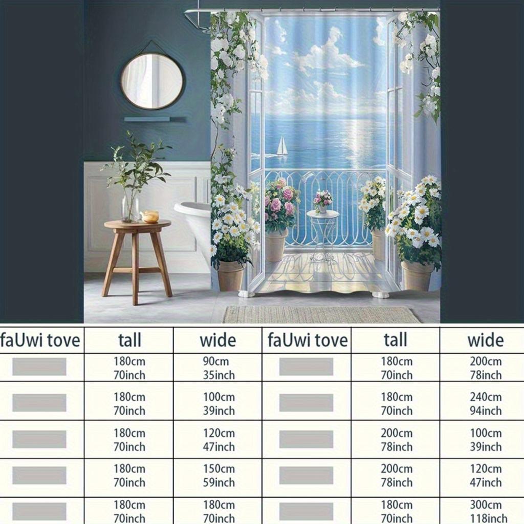 Coastal Sea View Shower Curtain Polyester Machine Washable With 12 Hooks For Bathroom Decor