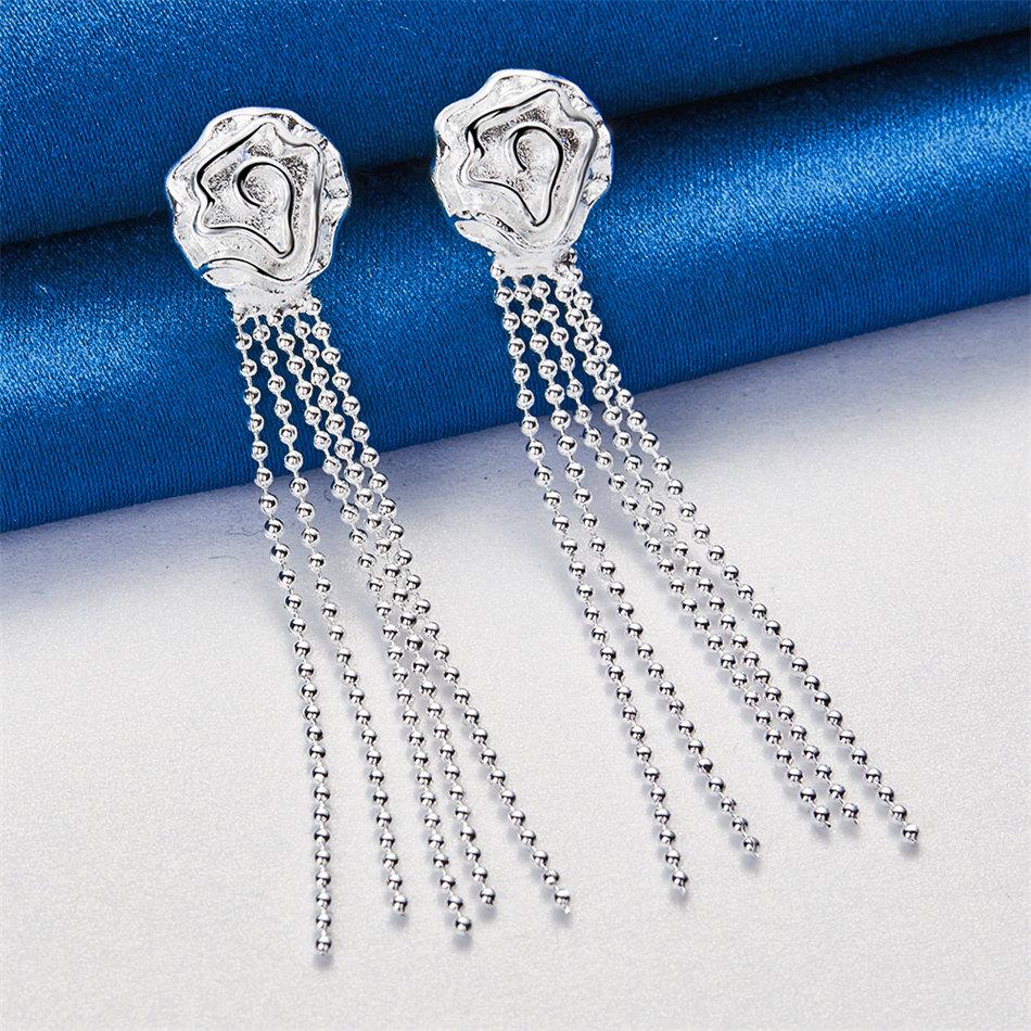 Charming 925 Sterling Silver Exquisite Tassel Rose Flower Earrings for Women Fashion Wedding Jewelry Party Gifts