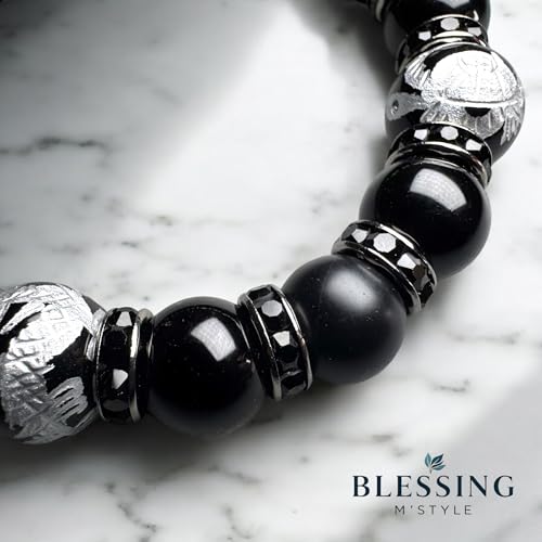[BLESSING M'style] Natural Stone Power Stone Bracelet, Four Gods Bracelet, Morion, Matte Onyx, Silver-Engraved Onyx, Includes Luxury Suede Drawstring