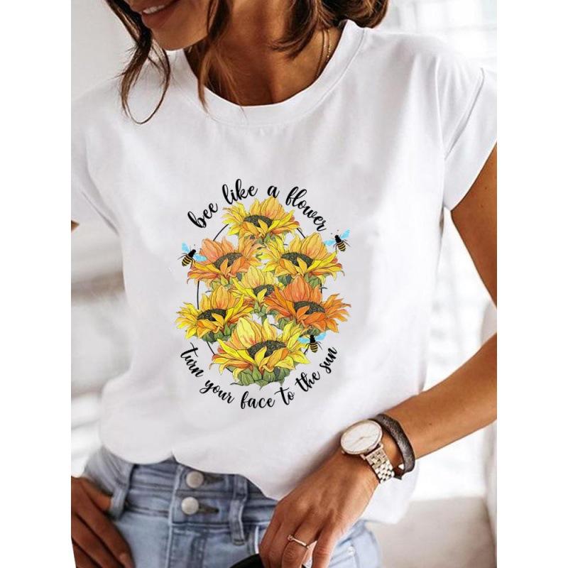 Spring Summer Women's Clothing Love Flower Plant Printed Casual Simple Trendy Top Round Neck Pure Cotton Short Sleeved T-Shirts Women’s