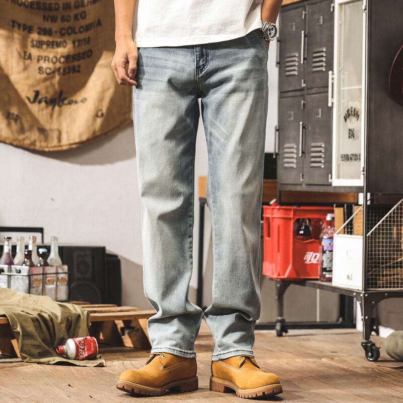 

JIELEINUO Men s Light Blue Loose Straight-Leg Jeans 32