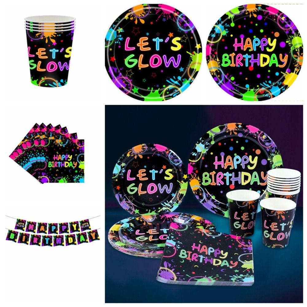 

24 шт. светящаяся тема, неоновое свечение, набор посуды для вечеринки, бумажные одноразовые бумажные тарелки для выпускного вечера