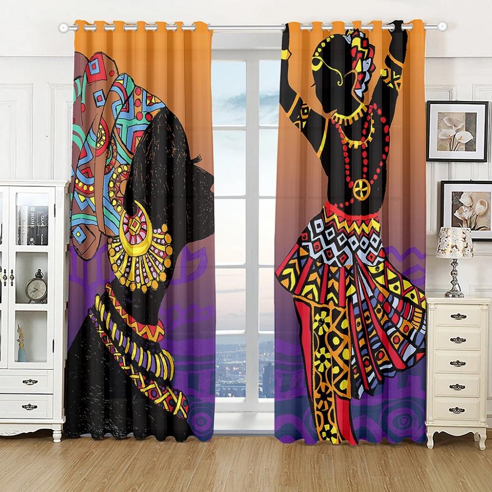 Luxury Gold Pretty African Woman Free Shipping Window Curtains For Living Room Kids Bedroom Bathroom Kicthen Door Home Decor2Pcs