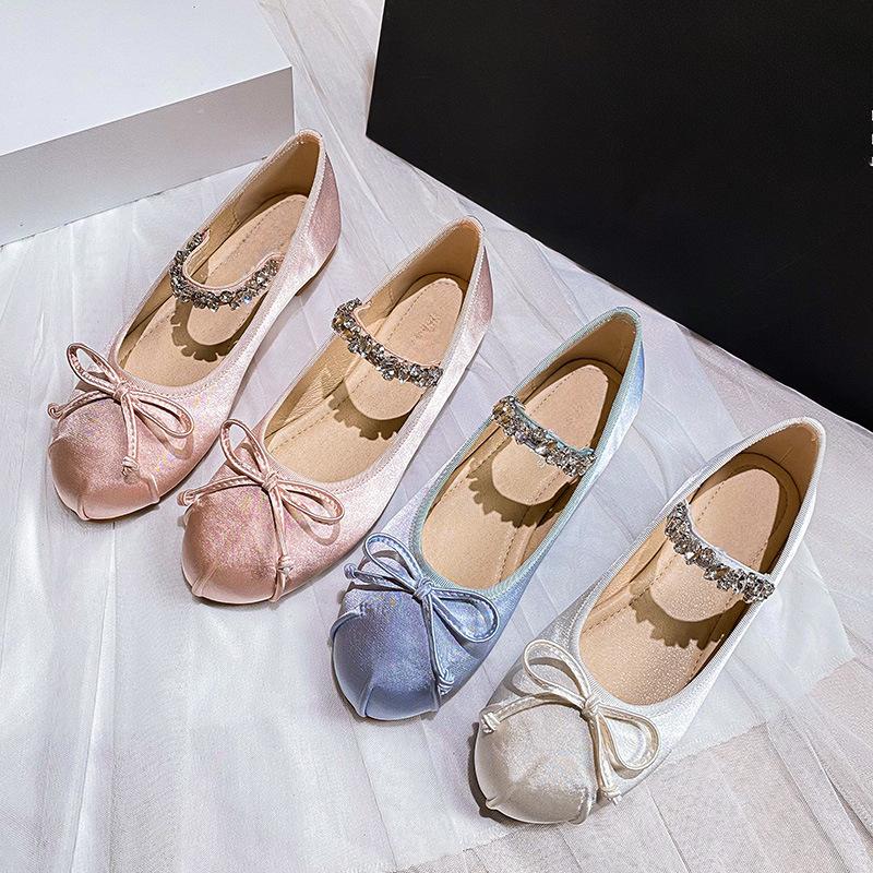 Elastic Rhinestone Band Mary Janes Woman Bowtie Silk Ballets Shoes Ladies Round Toe Flats Female Loafers Wedding Brides Shoes