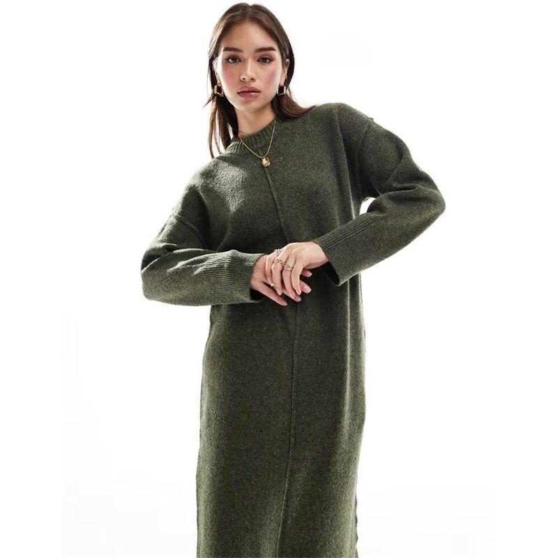 

British Original Foreign Trade as Knitted Soft Blended Spring New Slimming Solid Simple Women s Long Sleeve Dress Army Green M