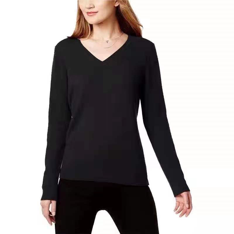 

Autumn New European and American Single V-neck Sweater Versatile Pure Cotton Long Sleeves T-shirt plus Size Knitwear Female Base Clothing Black S