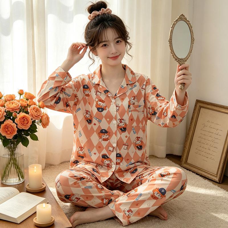 Japanese cute cartoon pajamas women's spring and autumn imitation cotton long-sleeved soft girl casual loungewear suit can be worn outside