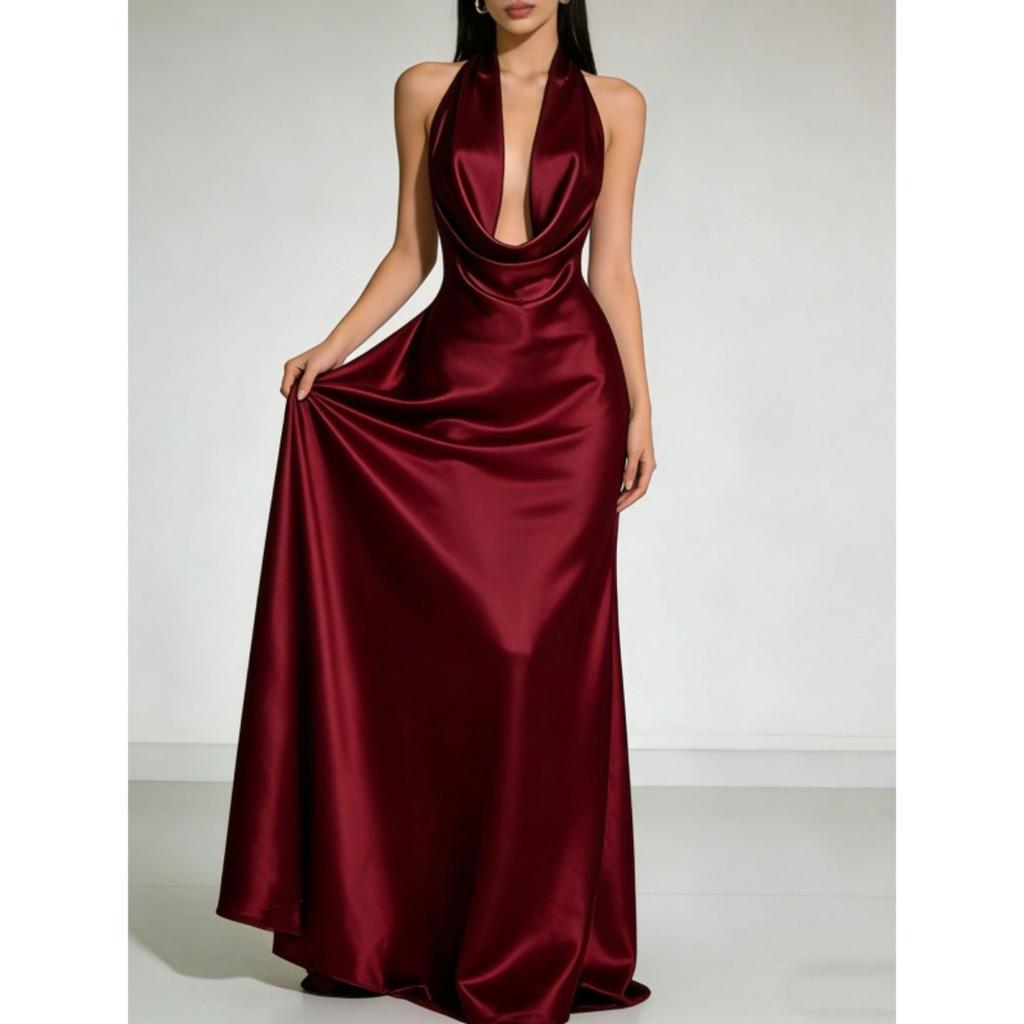 Sommer-Neckholder-Rückenfreies Satin-Abendkleid, Elegantes Sexy Langes Abschlussballkleid für Brautjungfernparty