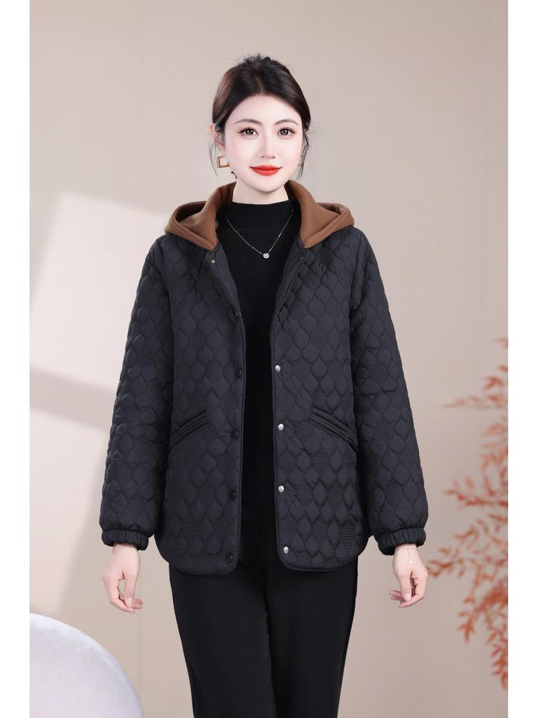 2025 Autumn/Winter Women's Diamond Pattern Hooded Cotton Coat - Warm Color Block Jacket for Middle-aged and Elderly Mothers