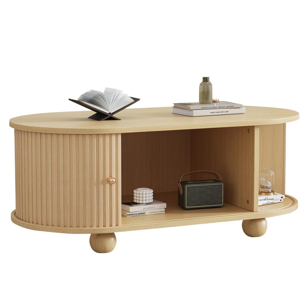 Tavolino da Caffè Ovale con Contenitore e Ante Scorrevoli, Mobile Multifunzionale Salvaspazio in Colore Legno