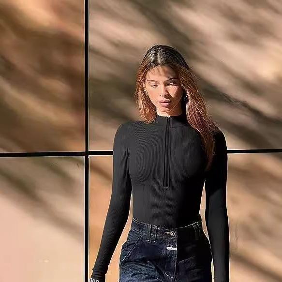 2023 Sexy žebrovaný body s dlouhým rukávem a zipem