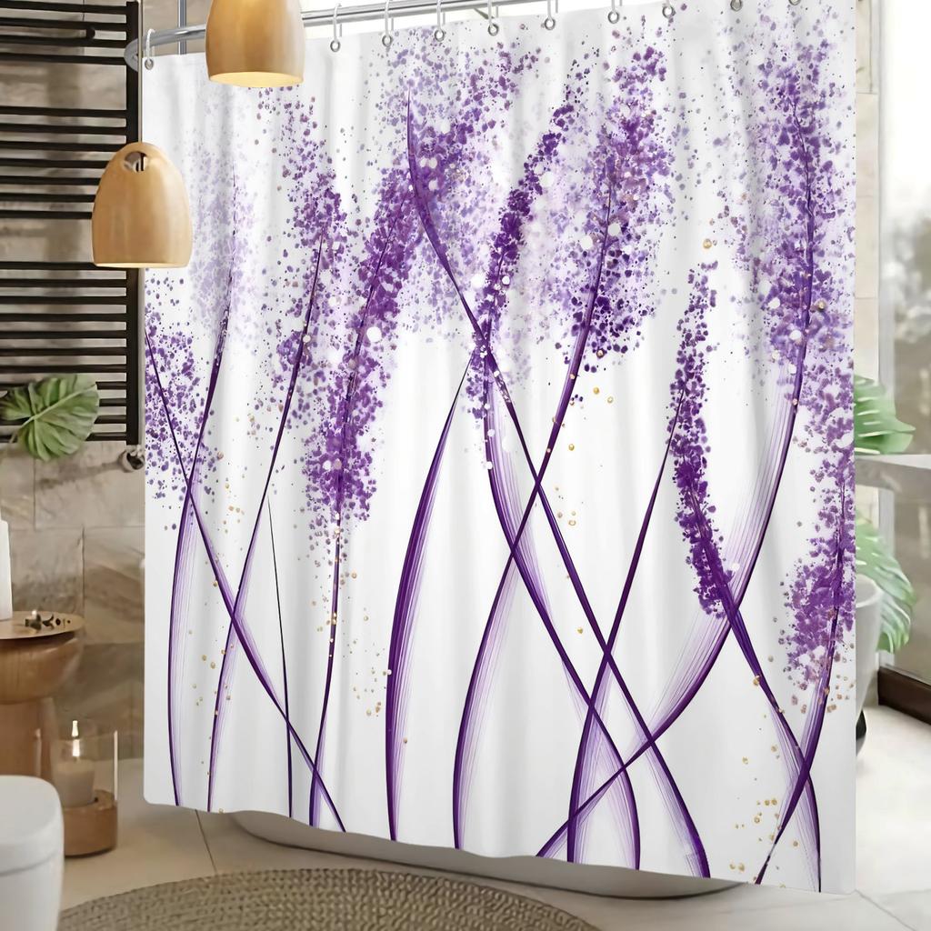 Purple Wisteria Floral Shower Curtain Elegant Abstract Line Print Waterproof Bath Curtain Bathroom Decor Polyester With Hooks